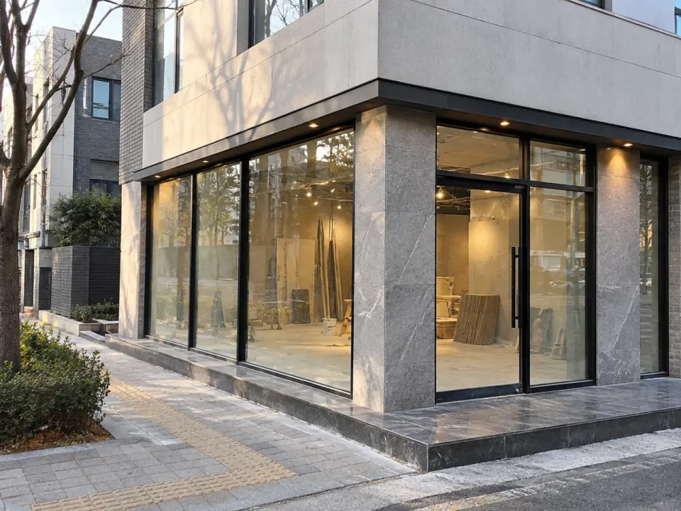 내부를 비워 둔 길가 상가 매장을 바깥에서 본 모습